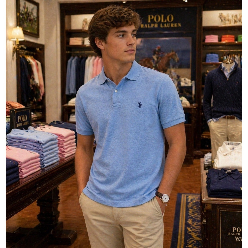 Vintage U.S. Polo Assn Blue Pique Polo Shirt Men Medium Classic Fit Logo Preppy